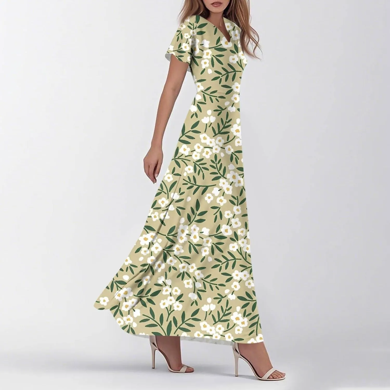Boho Dresses for Women 2025 Floral Maxi Dress - Short Sleeve Summer Wedding Guest Dress Empire Waist Modest Midi Dresses