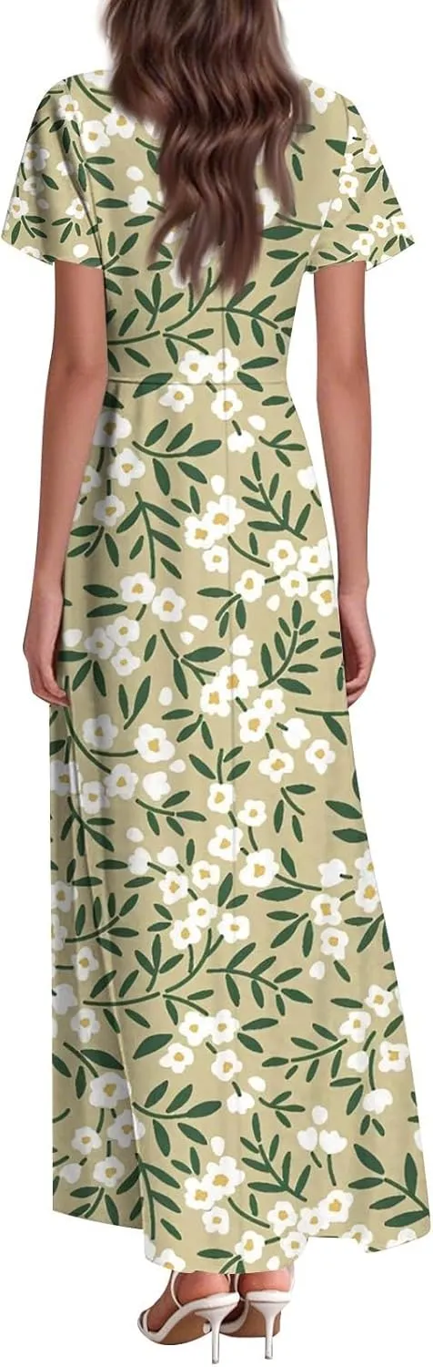 Boho Dresses for Women 2025 Floral Maxi Dress - Short Sleeve Summer Wedding Guest Dress Empire Waist Modest Midi Dresses