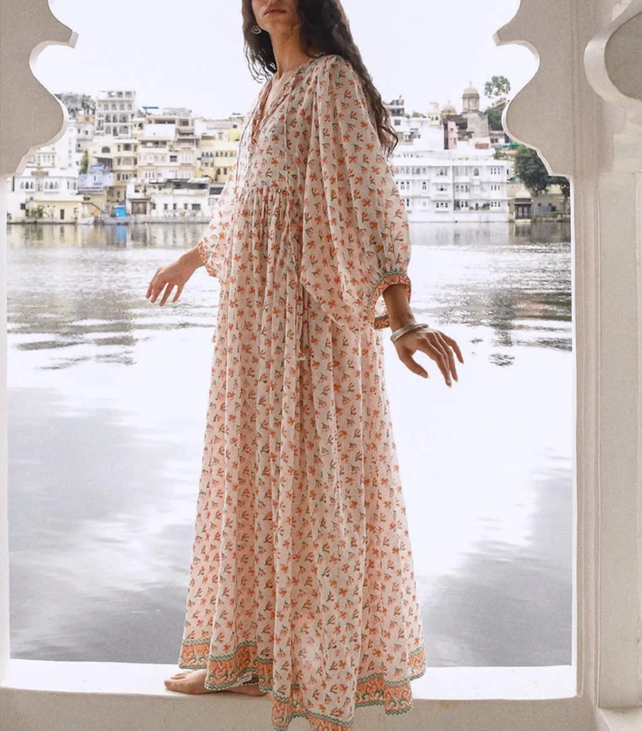 Boho Floral Maxi Dress for Women Puff Sleeve V Neck Loose Flowy Long Dress Beach Oversized Tiered Swing Sundress