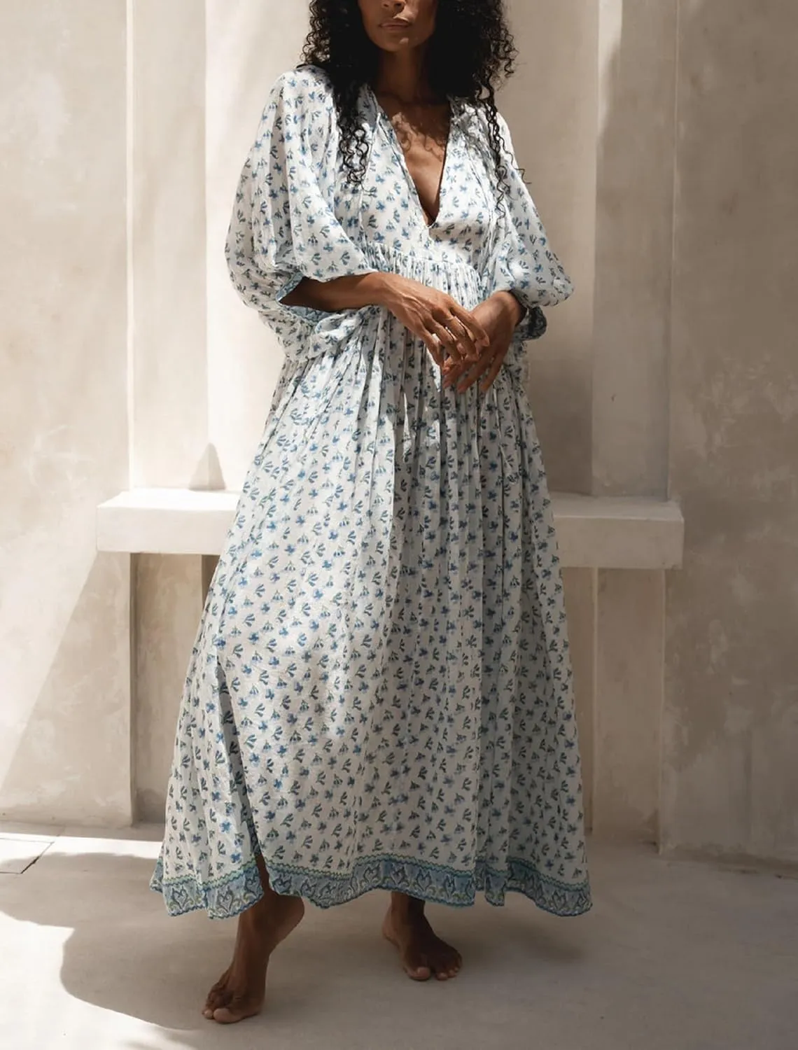 Boho Floral Maxi Dress for Women Puff Sleeve V Neck Loose Flowy Long Dress Beach Oversized Tiered Swing Sundress