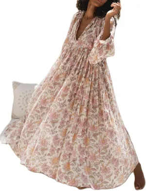 Boho Floral Maxi Dress for Women Puff Sleeve V Neck Loose Flowy Long Dress Beach Oversized Tiered Swing Sundress