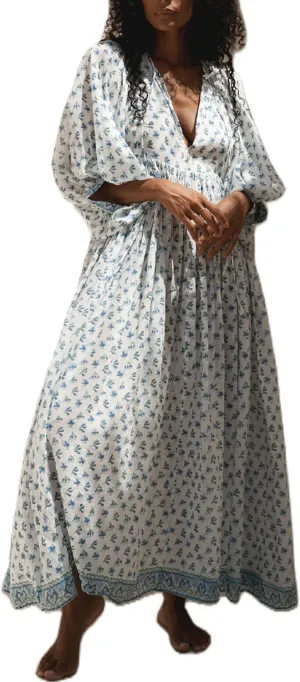 Boho Floral Maxi Dress for Women Puff Sleeve V Neck Loose Flowy Long Dress Beach Oversized Tiered Swing Sundress