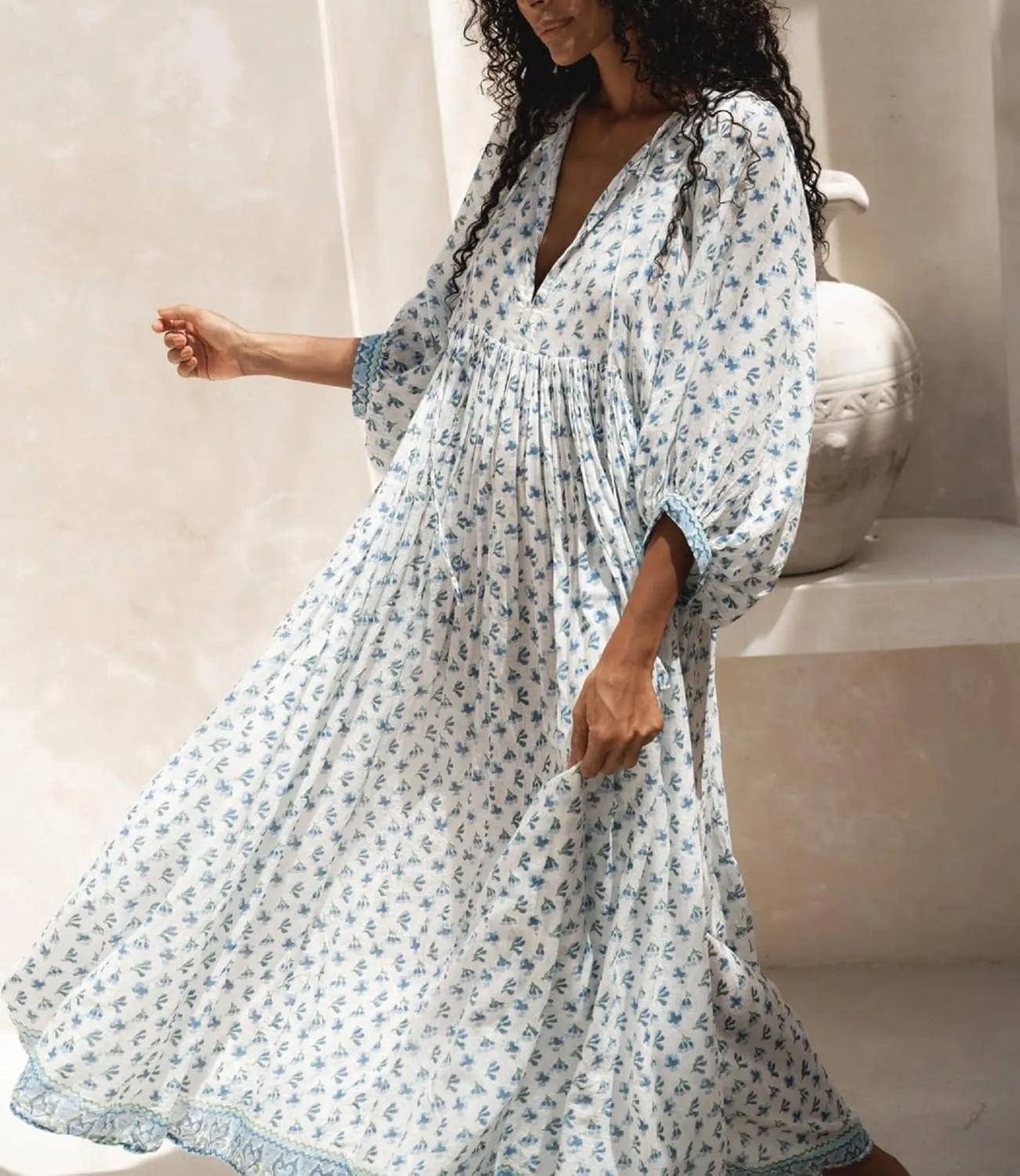 Boho Floral Maxi Dress for Women Puff Sleeve V Neck Loose Flowy Long Dress Beach Oversized Tiered Swing Sundress