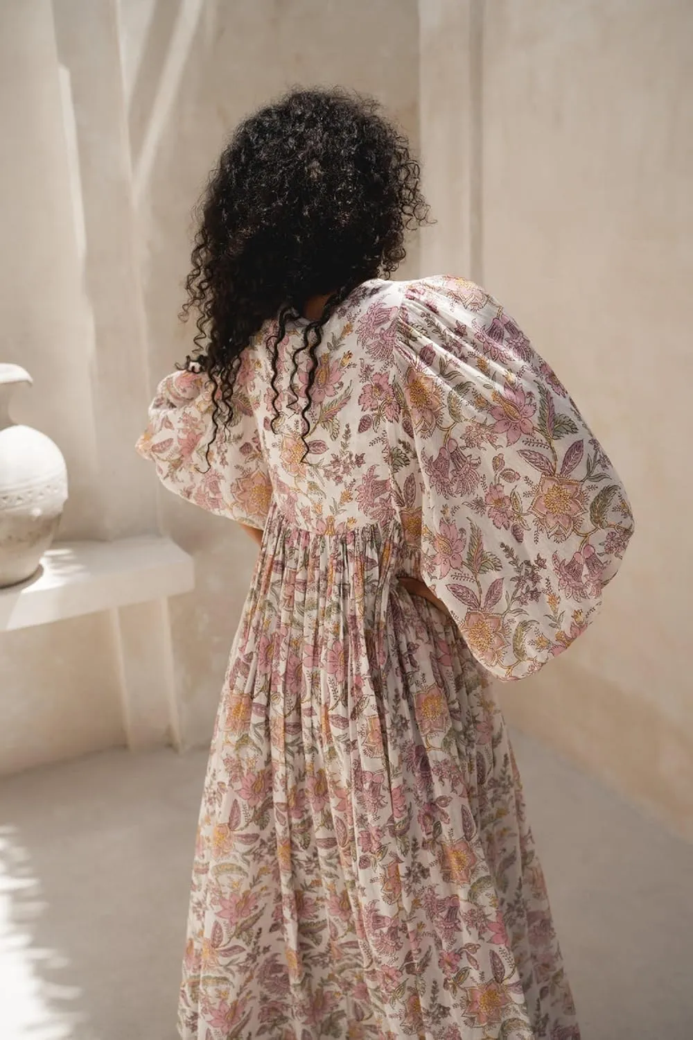 Boho Floral Maxi Dress for Women Puff Sleeve V Neck Loose Flowy Long Dress Beach Oversized Tiered Swing Sundress