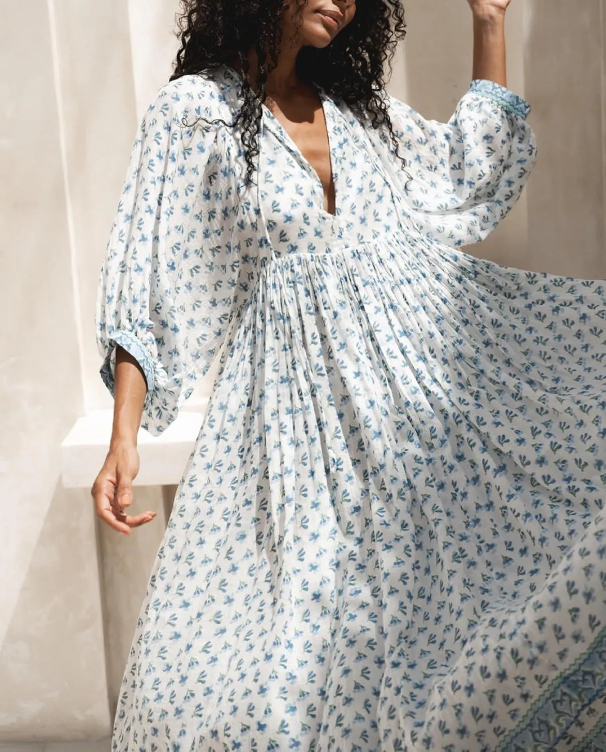 Boho Floral Maxi Dress for Women Puff Sleeve V Neck Loose Flowy Long Dress Beach Oversized Tiered Swing Sundress