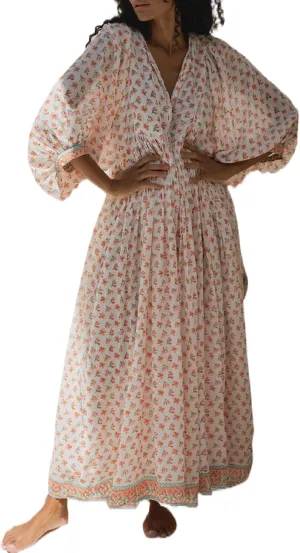 Boho Floral Maxi Dress for Women Puff Sleeve V Neck Loose Flowy Long Dress Beach Oversized Tiered Swing Sundress