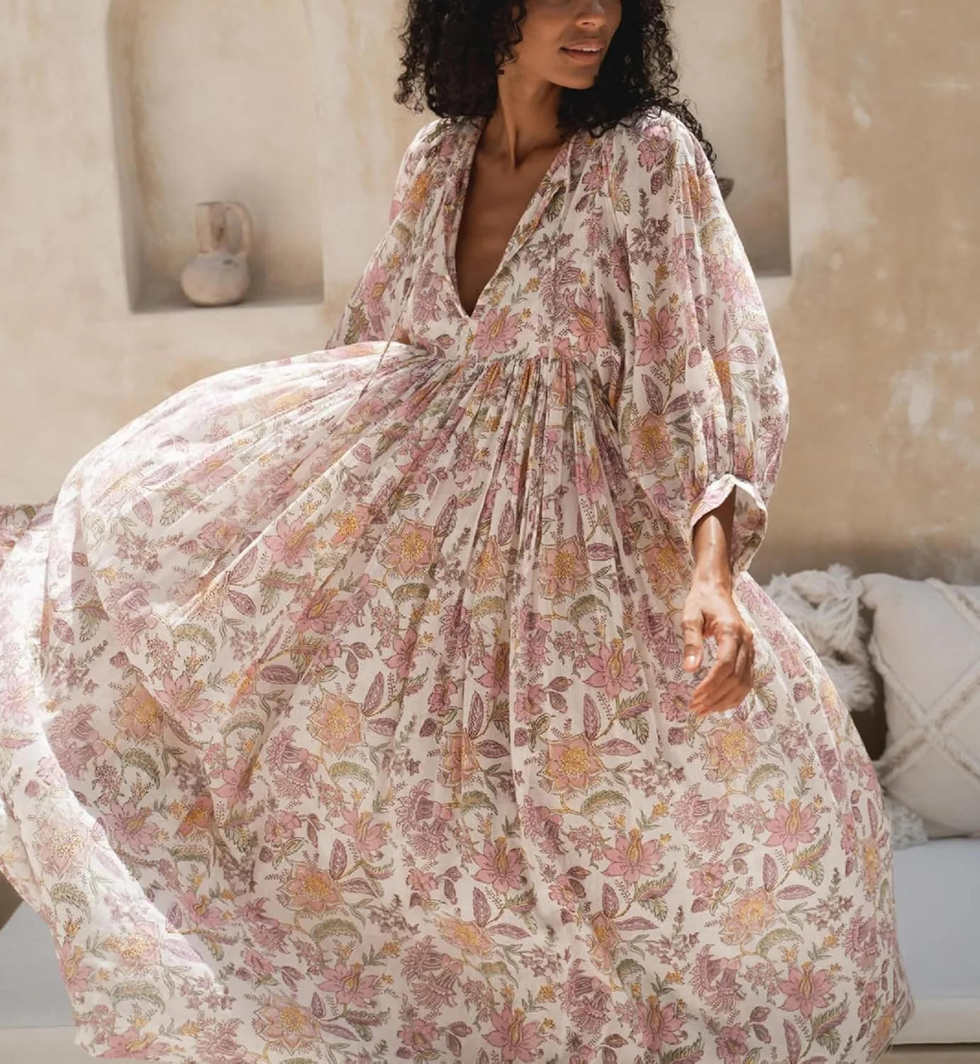 Boho Floral Maxi Dress for Women Puff Sleeve V Neck Loose Flowy Long Dress Beach Oversized Tiered Swing Sundress