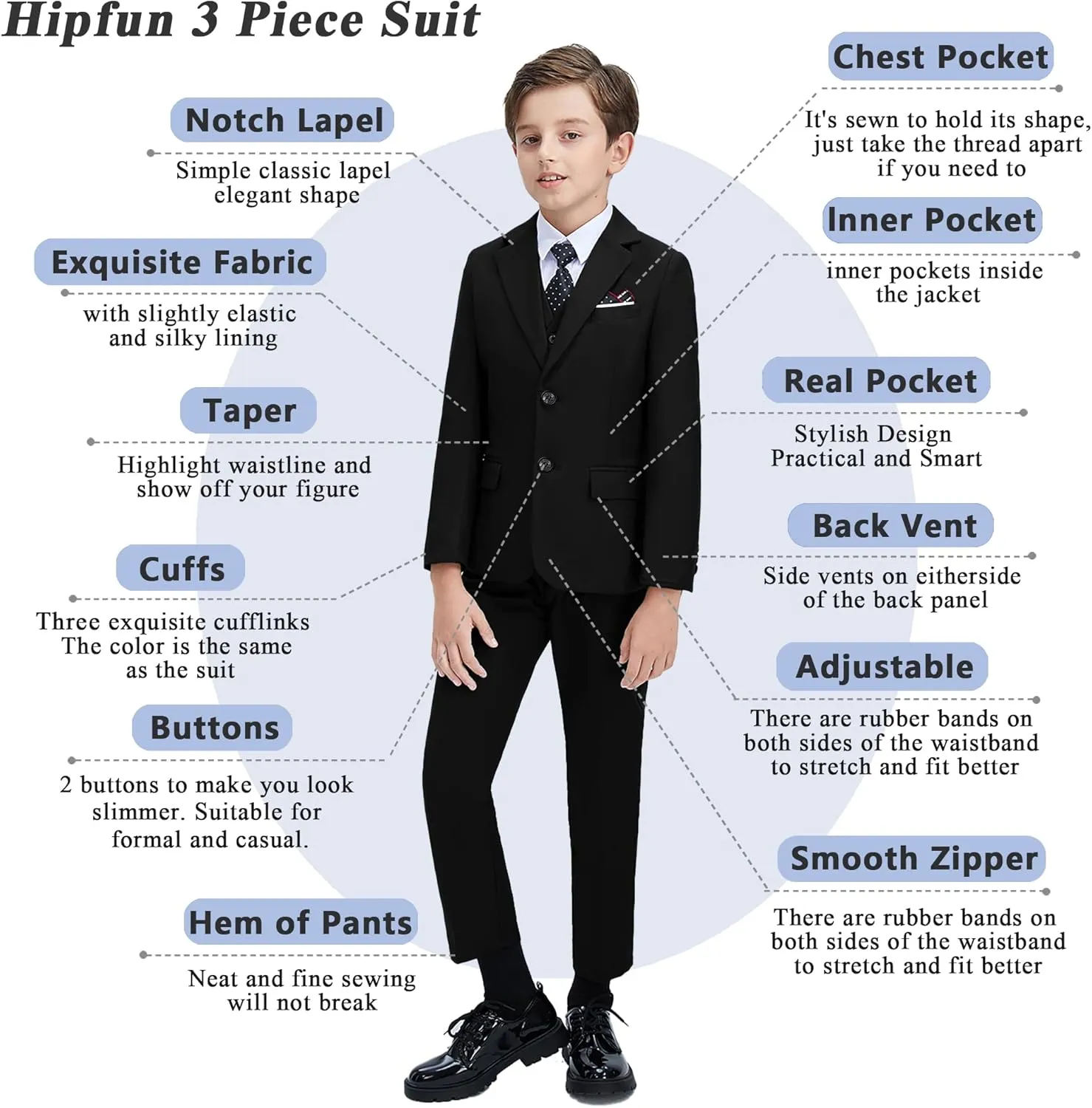 Boys' 3 Piece Suit Set with Suit Jacket, Vest, Pants, Formal Tuxedos Slim Fit Ring Bearer Outfit Size 2-20