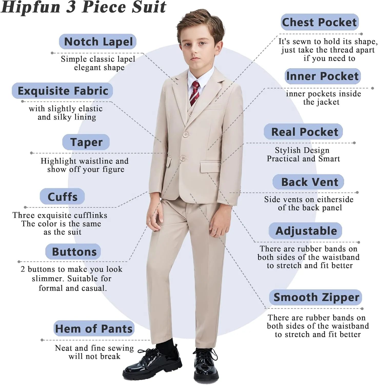Boys' 3 Piece Suit Set with Suit Jacket, Vest, Pants, Formal Tuxedos Slim Fit Ring Bearer Outfit Size 2-20