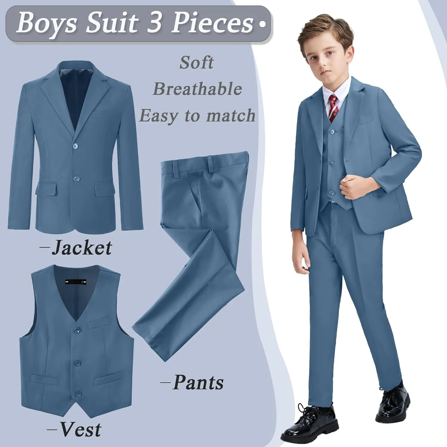 Boys' 3 Piece Suit Set with Suit Jacket, Vest, Pants, Formal Tuxedos Slim Fit Ring Bearer Outfit Size 2-20