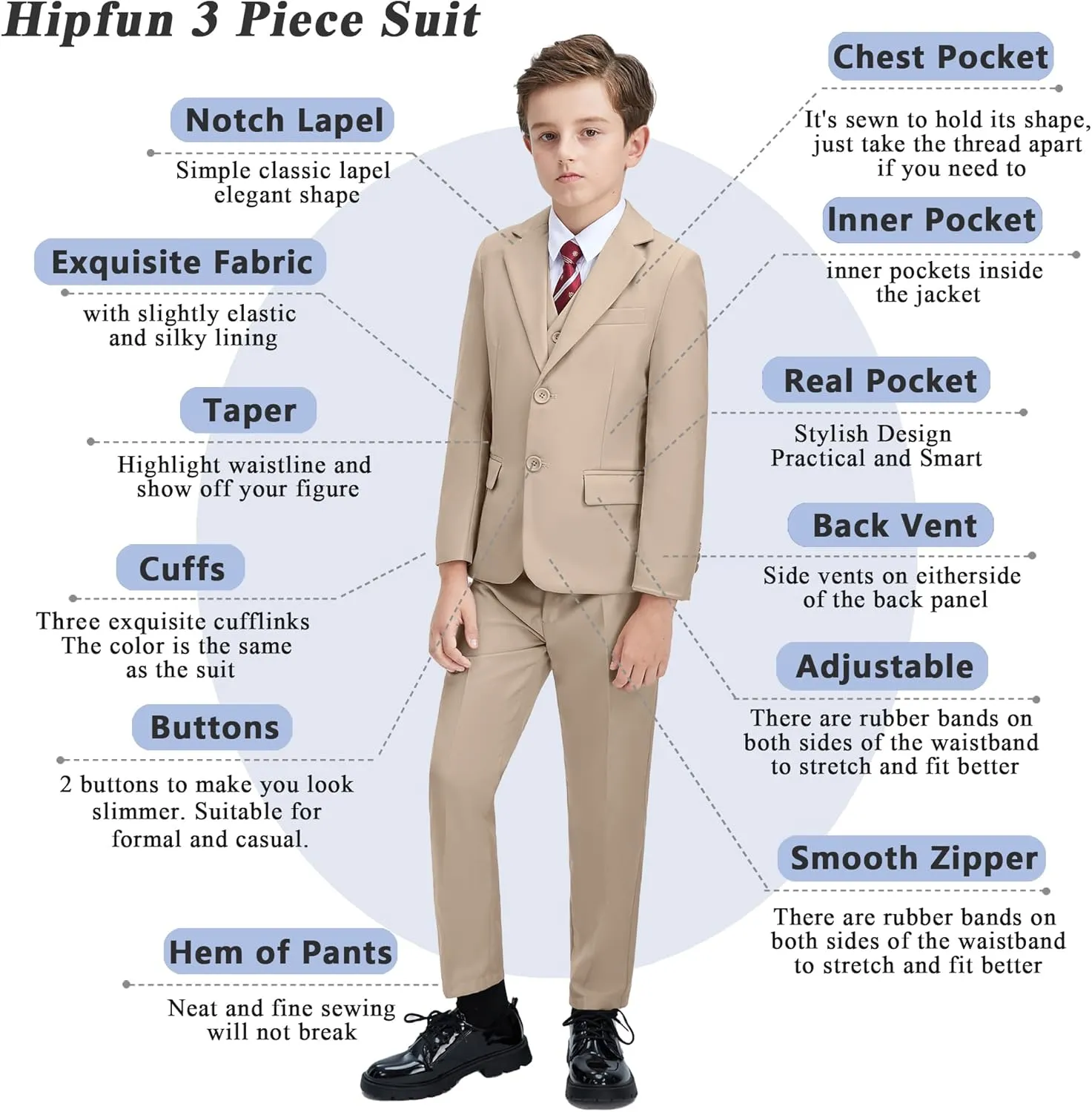 Boys' 3 Piece Suit Set with Suit Jacket, Vest, Pants, Formal Tuxedos Slim Fit Ring Bearer Outfit Size 2-20