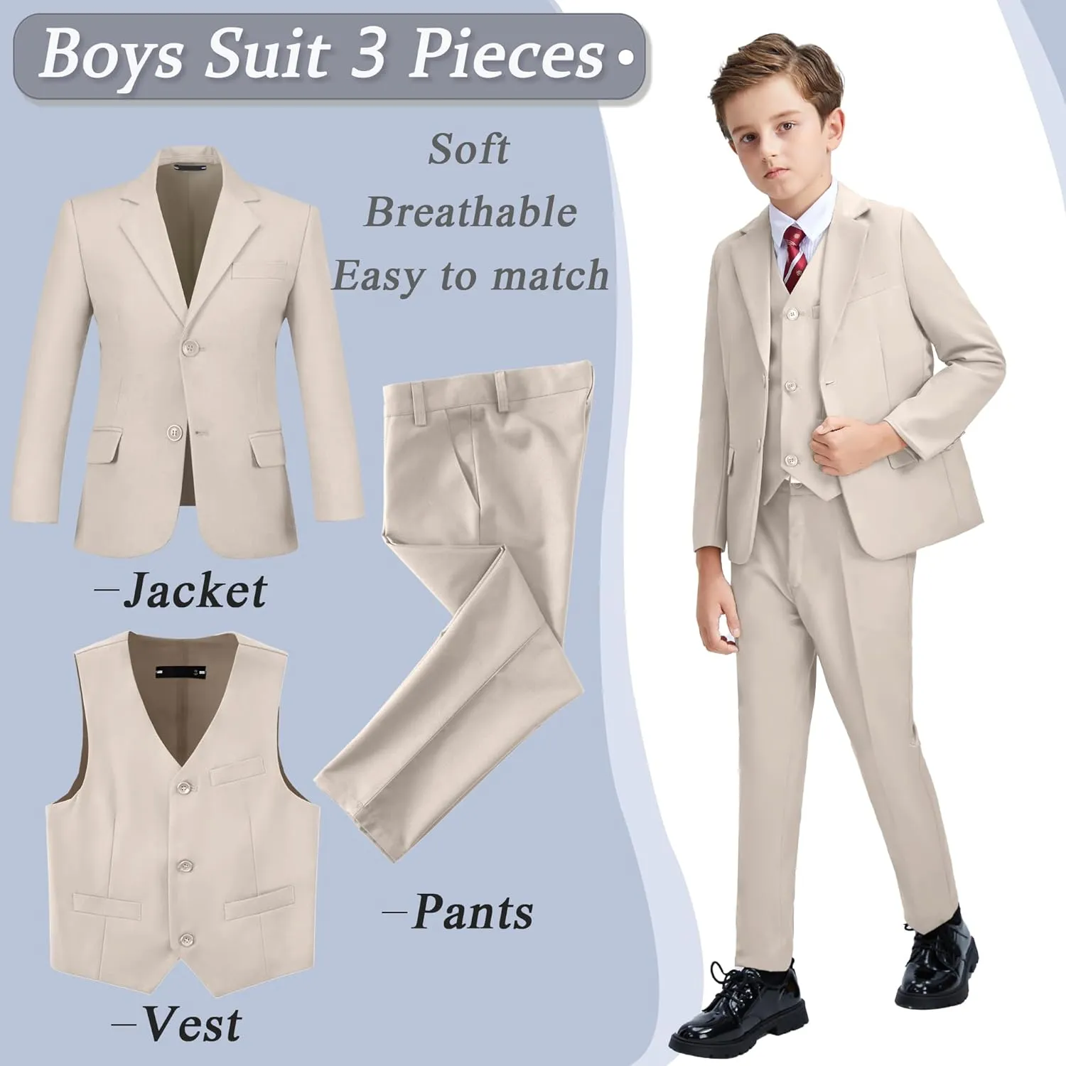 Boys' 3 Piece Suit Set with Suit Jacket, Vest, Pants, Formal Tuxedos Slim Fit Ring Bearer Outfit Size 2-20