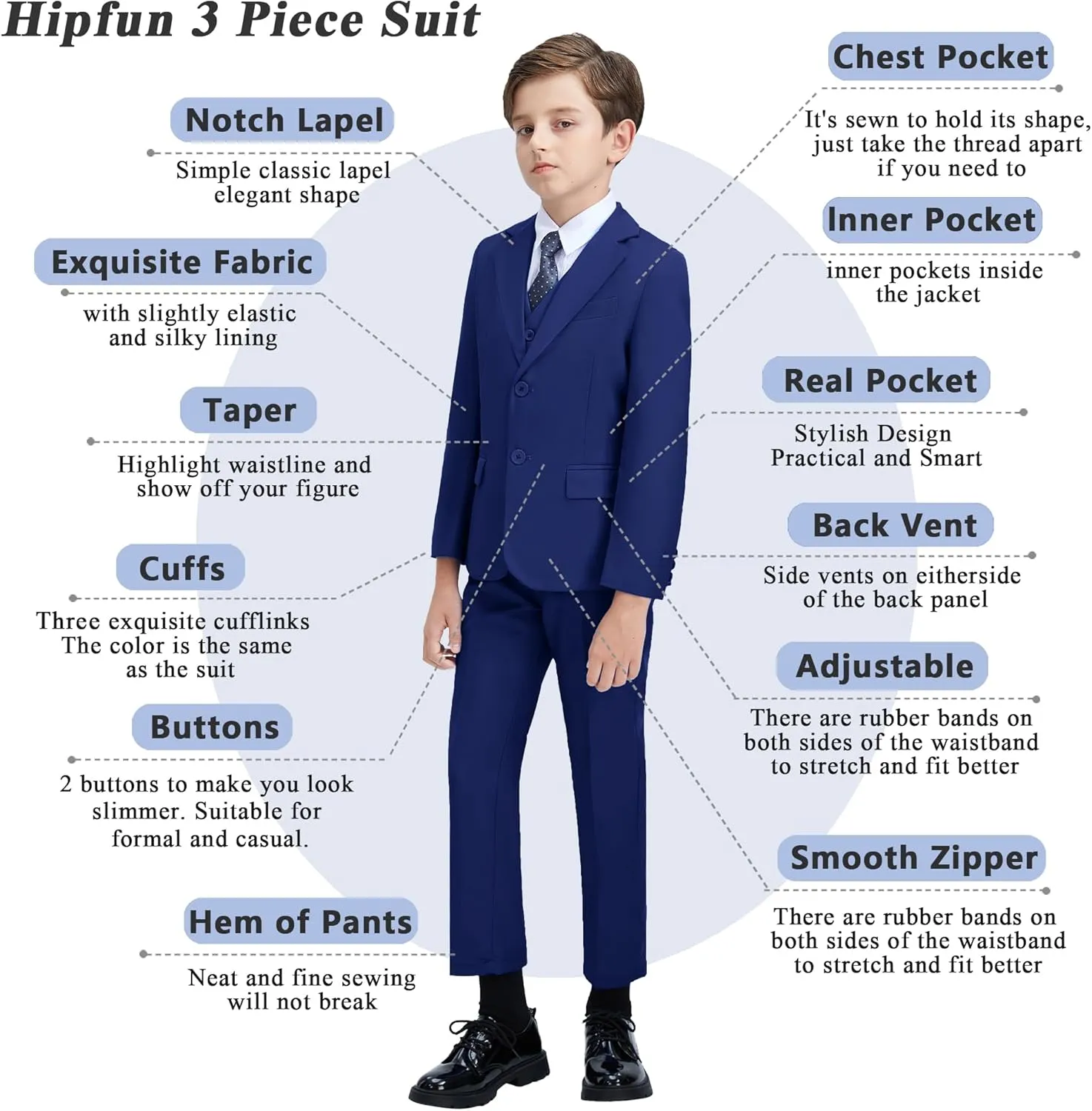 Boys' 3 Piece Suit Set with Suit Jacket, Vest, Pants, Formal Tuxedos Slim Fit Ring Bearer Outfit Size 2-20