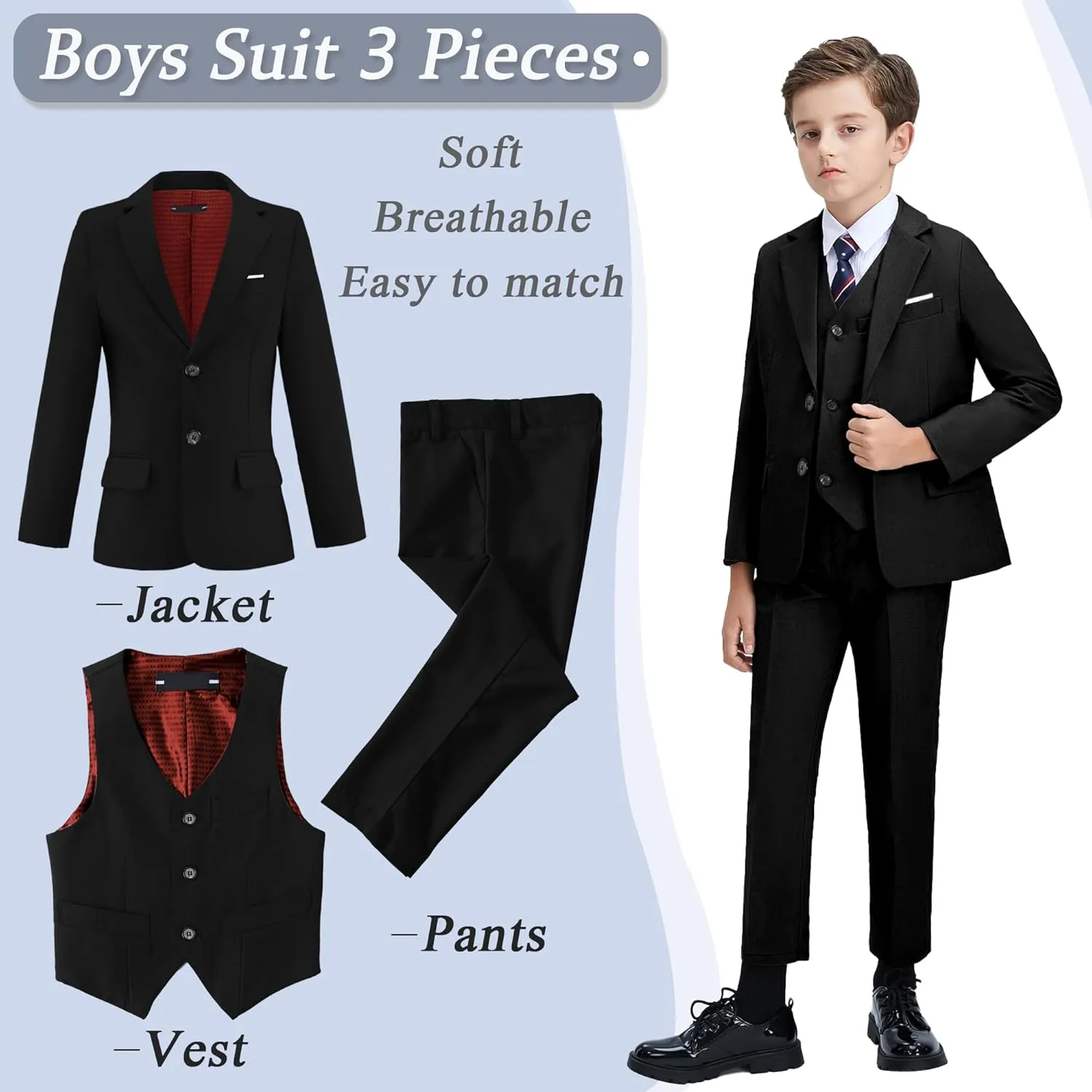 Boys' 3 Piece Suit Set with Suit Jacket, Vest, Pants, Formal Tuxedos Slim Fit Ring Bearer Outfit Size 2-20