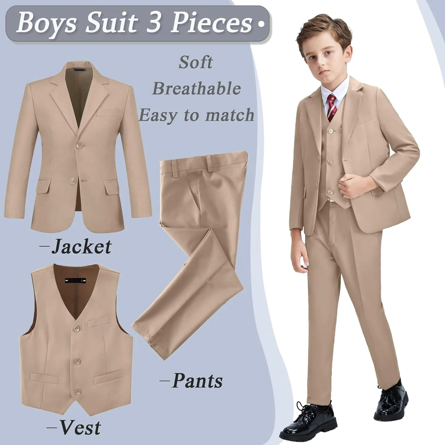 Boys' 3 Piece Suit Set with Suit Jacket, Vest, Pants, Formal Tuxedos Slim Fit Ring Bearer Outfit Size 2-20