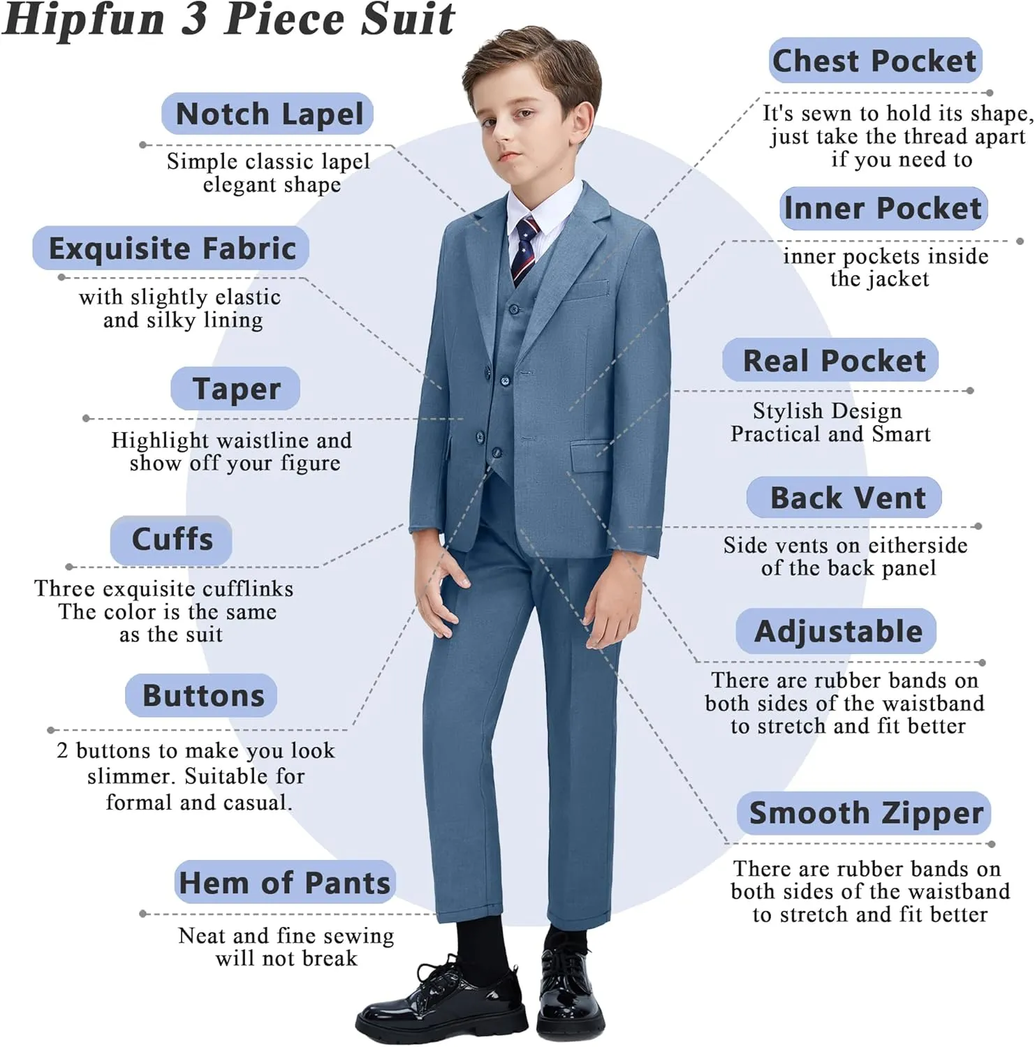 Boys' 3 Piece Suit Set with Suit Jacket, Vest, Pants, Formal Tuxedos Slim Fit Ring Bearer Outfit Size 2-20
