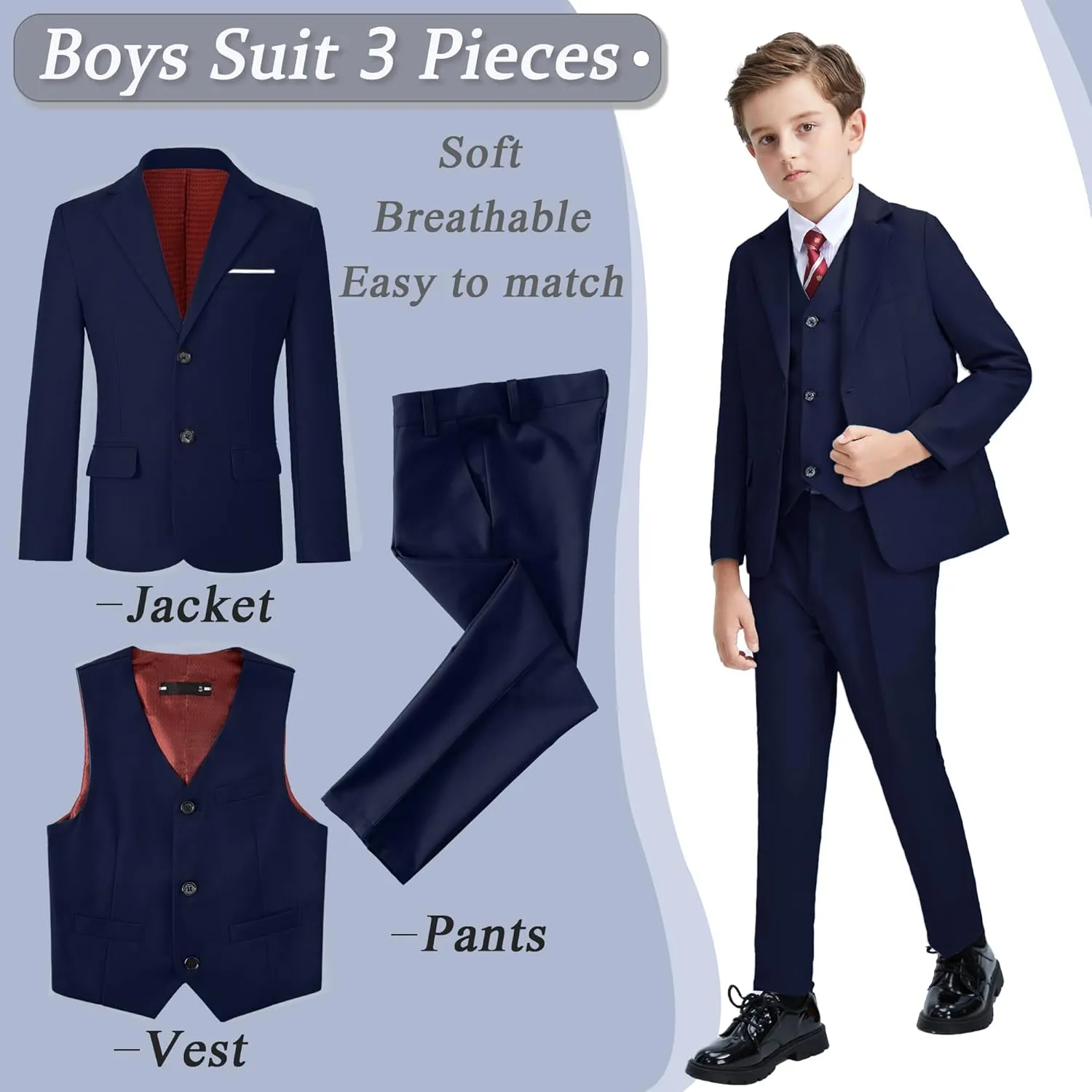 Boys' 3 Piece Suit Set with Suit Jacket, Vest, Pants, Formal Tuxedos Slim Fit Ring Bearer Outfit Size 2-20