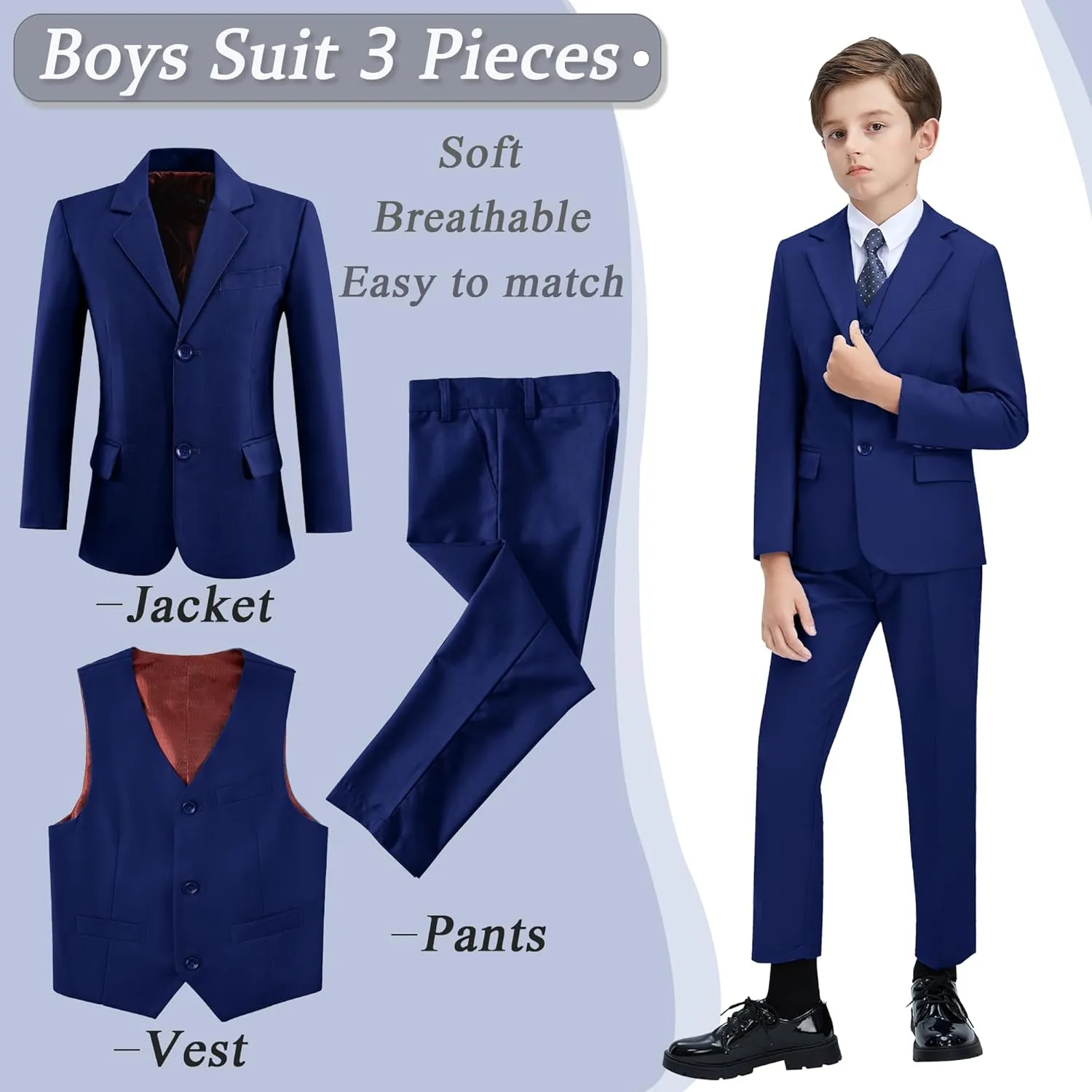 Boys' 3 Piece Suit Set with Suit Jacket, Vest, Pants, Formal Tuxedos Slim Fit Ring Bearer Outfit Size 2-20