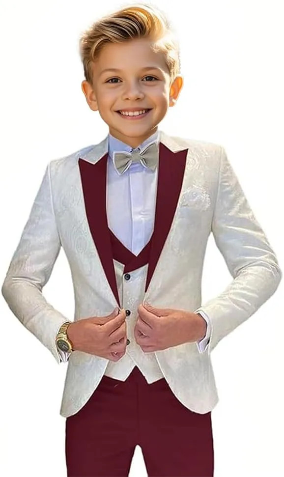 Boys Suit Jacquard Slim Fit Tuxedo Suit 3 Piece Kids Suit for Boys Formal Wedding Suit Blazer Vest Pants Set