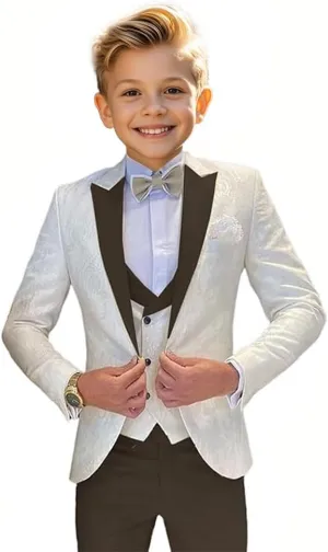 Boys Suit Jacquard Slim Fit Tuxedo Suit 3 Piece Kids Suit for Boys Formal Wedding Suit Blazer Vest Pants Set