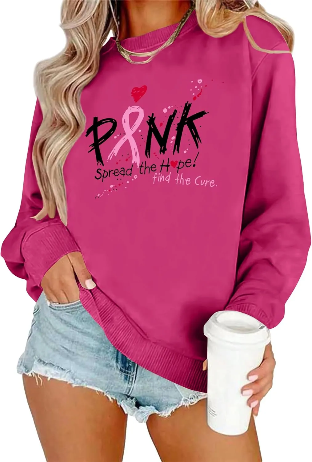 Breast Cancer Sweatshirt for Women Pink Ribbon Heart Graphic Shirt Cancer Awareness Gift Pullover
