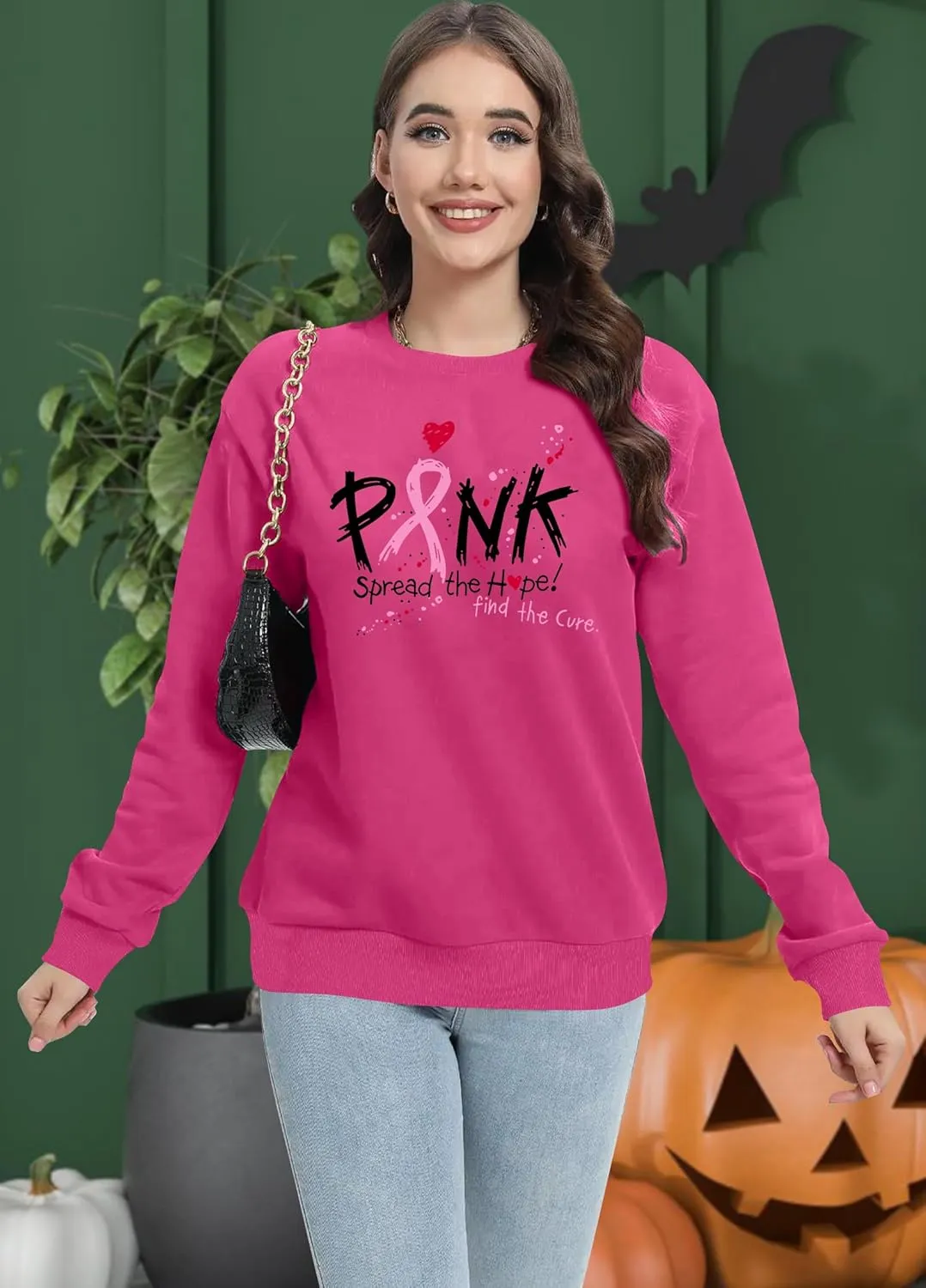 Breast Cancer Sweatshirt for Women Pink Ribbon Heart Graphic Shirt Cancer Awareness Gift Pullover