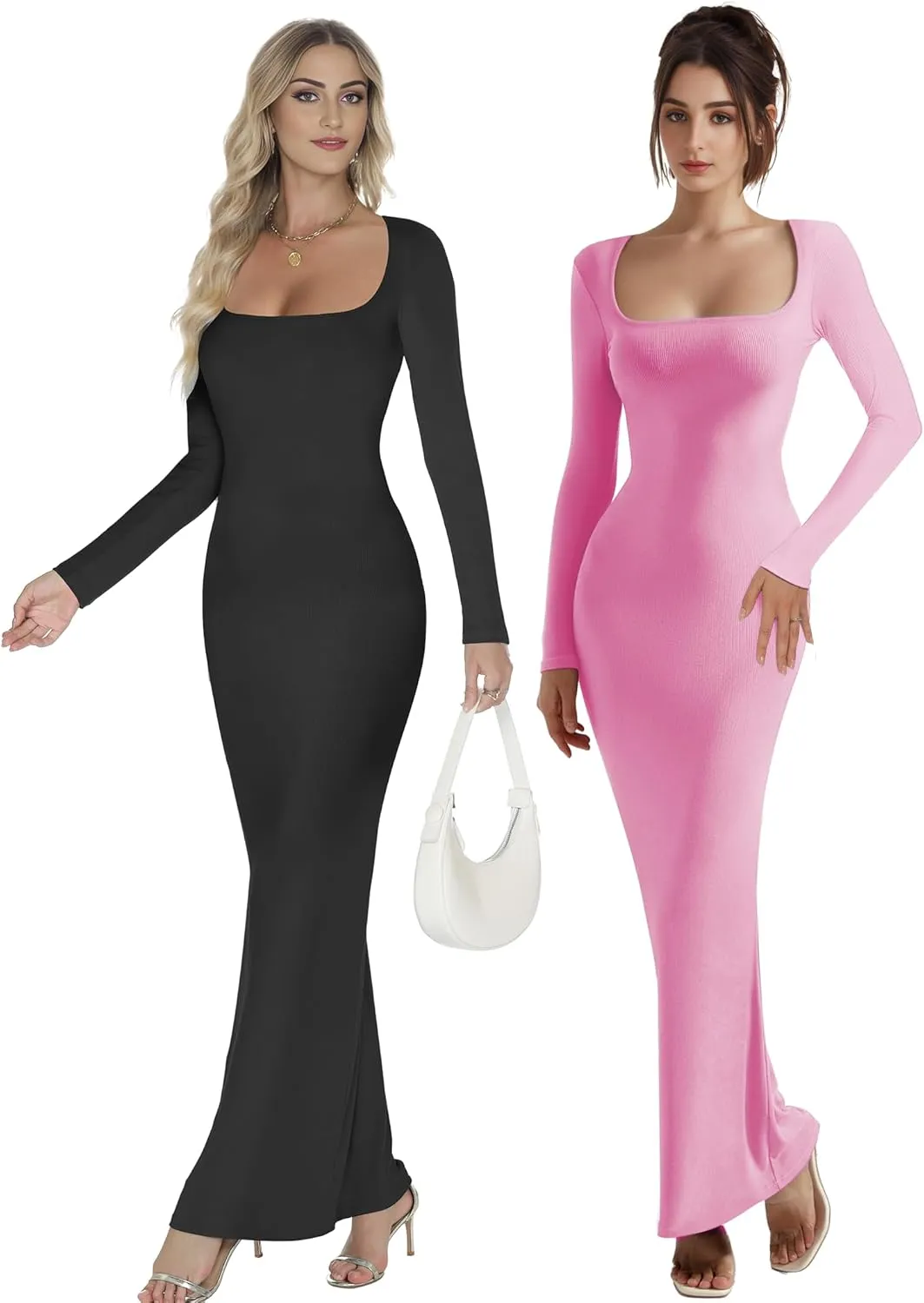 Buauty Women's Bodycon Maxi Dresses, Ribbed Square Neck Long Dress, Fall Long Sleeve Lounge Dress for Women
