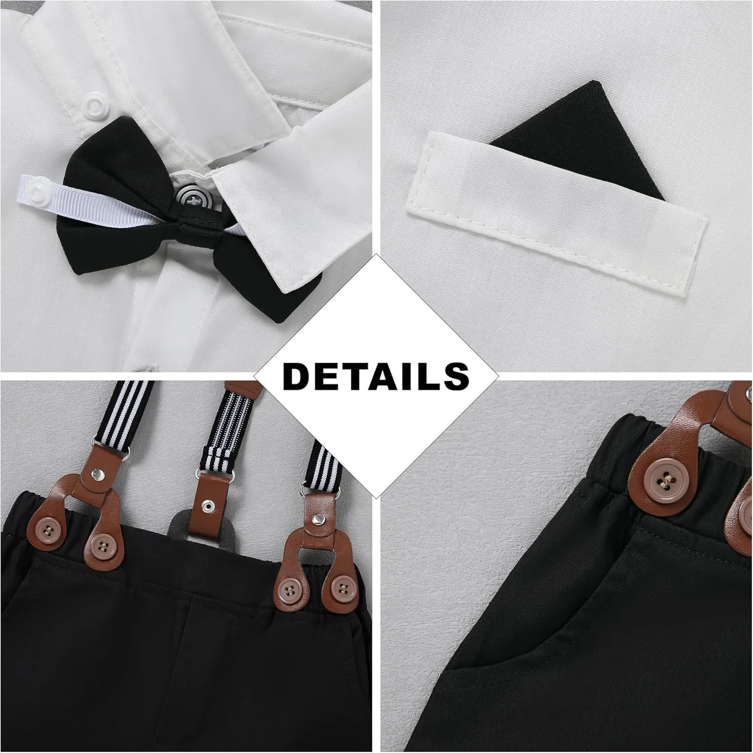 CARETOO Toddler Boy Clothes Suit Gentleman Wedding Outfits Kids Formal Dress Shirt Bowtie Long Suspender Pants Overalls 1-5T