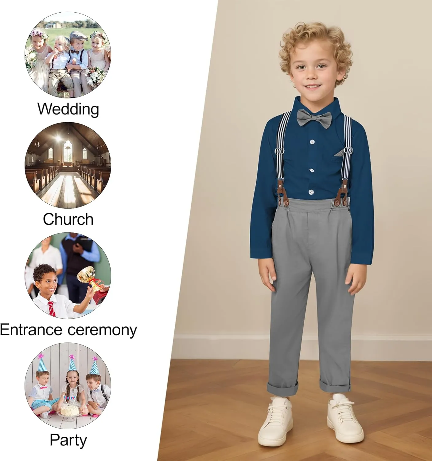 CARETOO Toddler Boy Clothes Suit Gentleman Wedding Outfits Kids Formal Dress Shirt Bowtie Long Suspender Pants Overalls 1-5T
