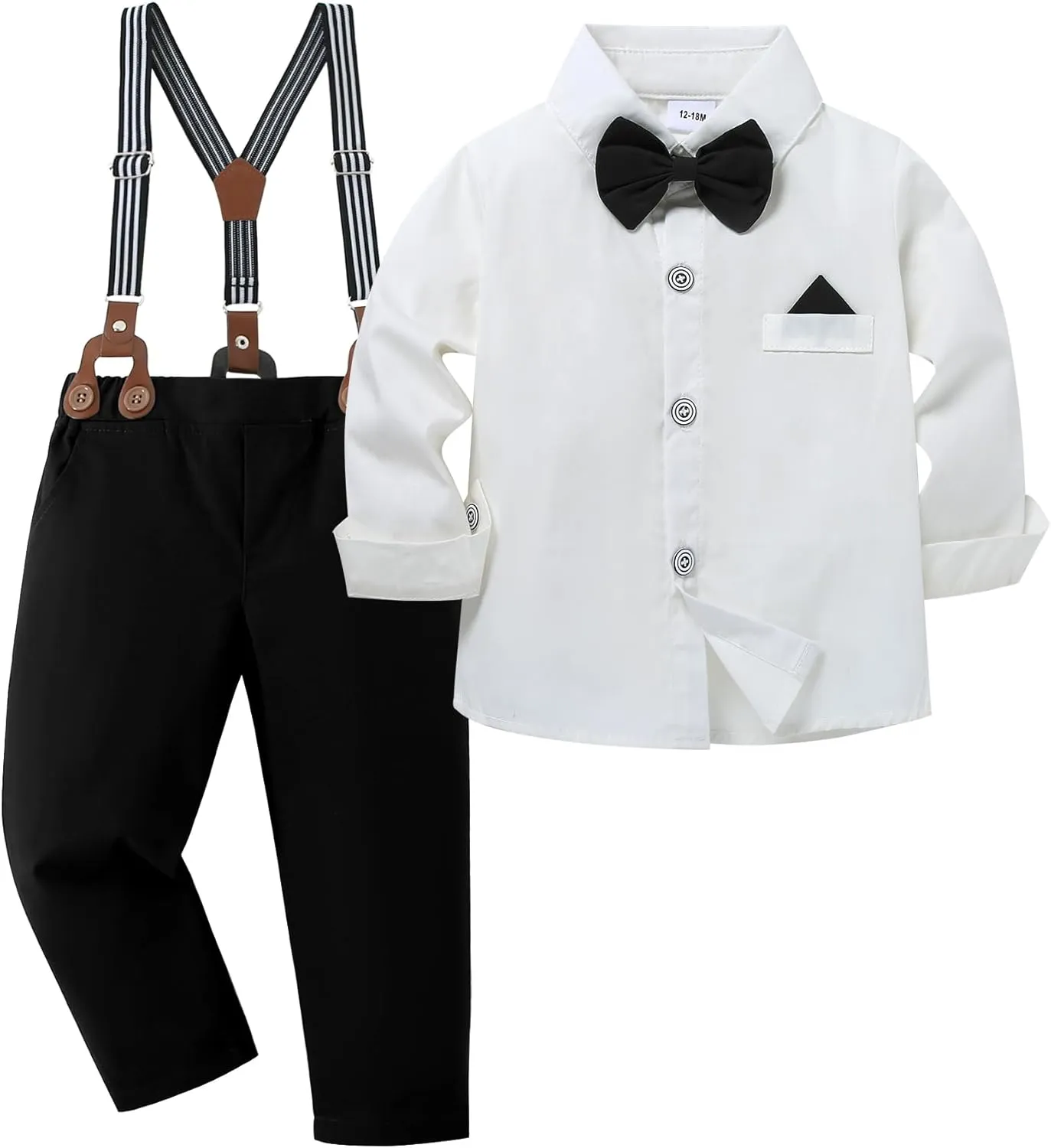 CARETOO Toddler Boy Clothes Suit Gentleman Wedding Outfits Kids Formal Dress Shirt Bowtie Long Suspender Pants Overalls 1-5T