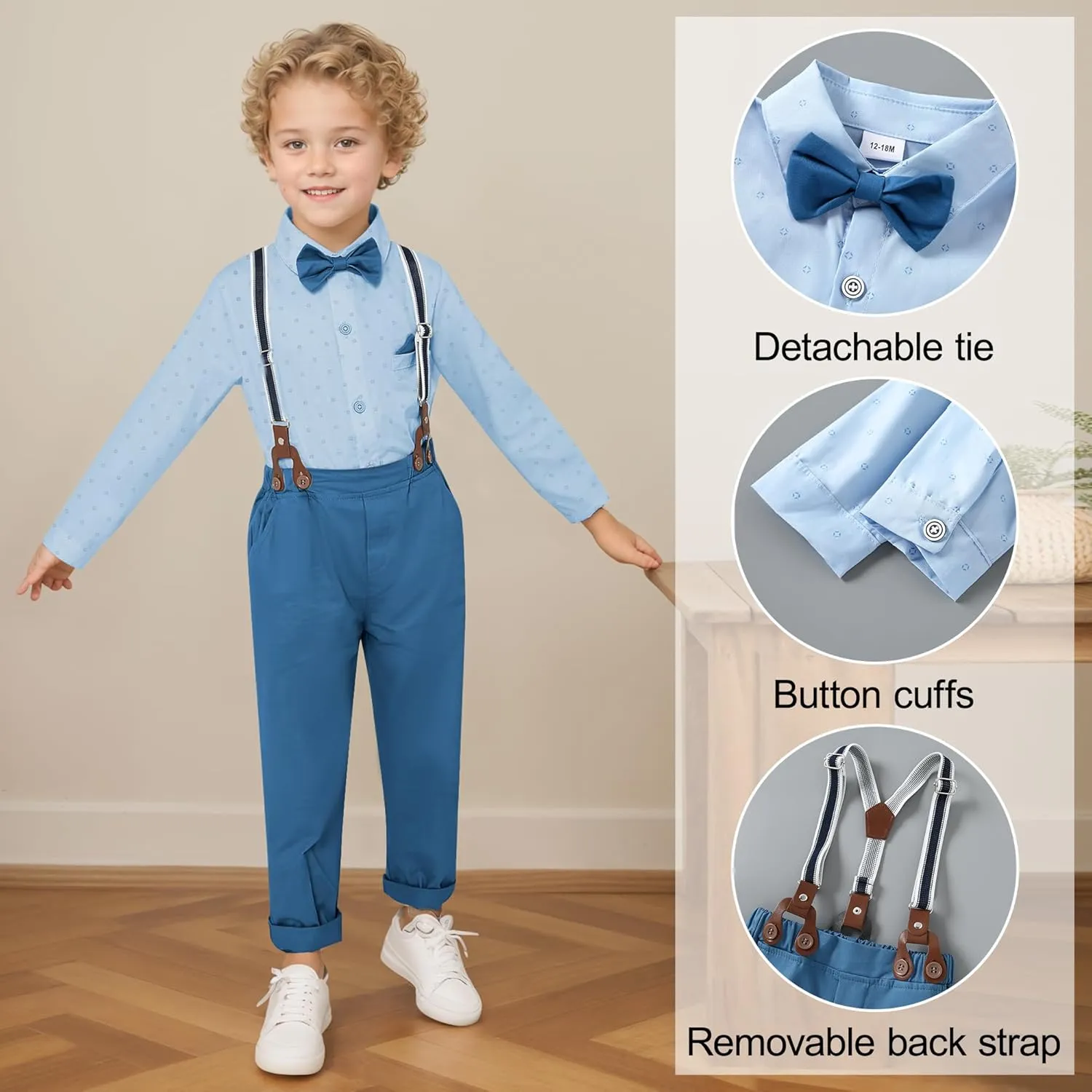 CARETOO Toddler Boy Clothes Suit Gentleman Wedding Outfits Kids Formal Dress Shirt Bowtie Long Suspender Pants Overalls 1-5T