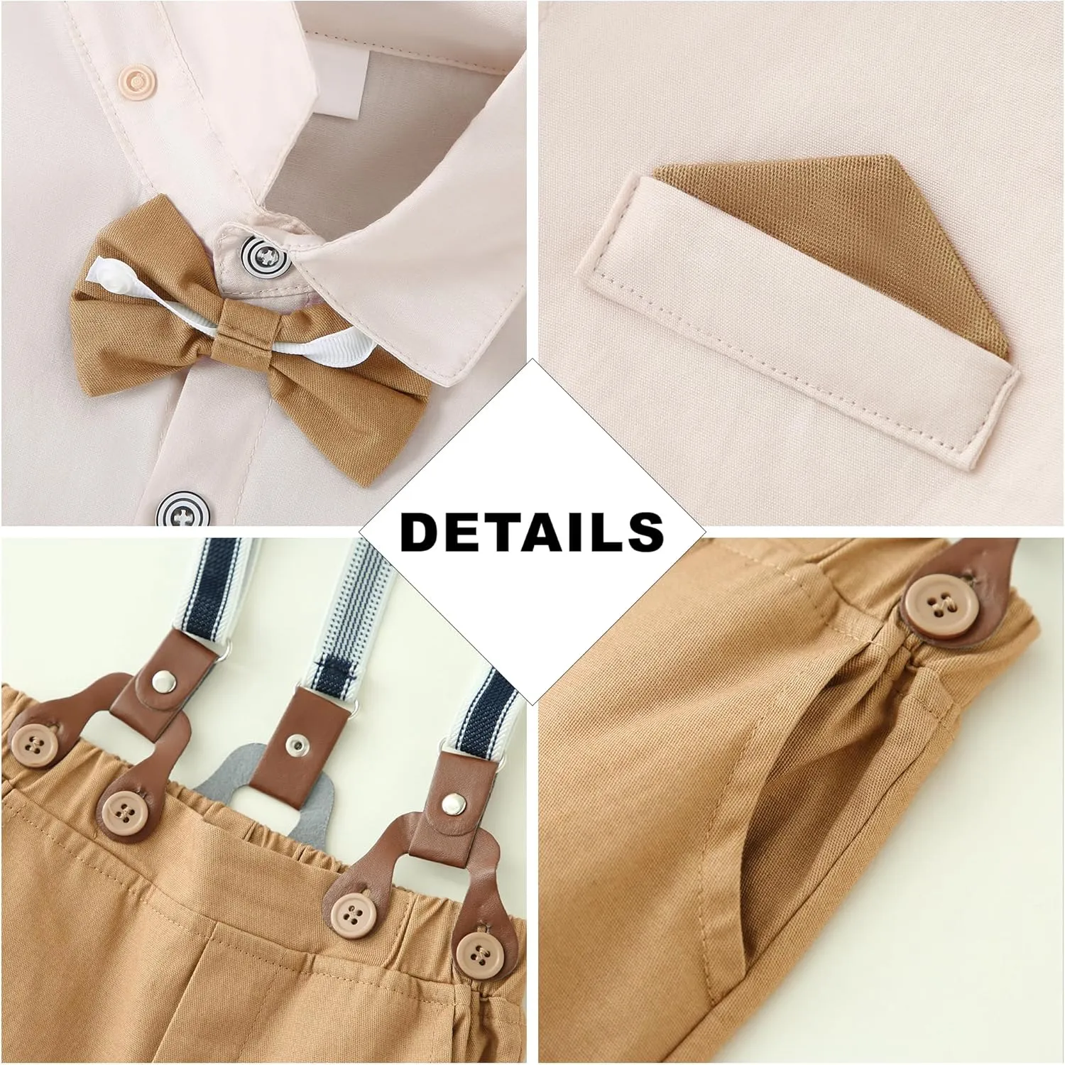 CARETOO Toddler Boy Clothes Suit Gentleman Wedding Outfits Kids Formal Dress Shirt Bowtie Long Suspender Pants Overalls 1-5T
