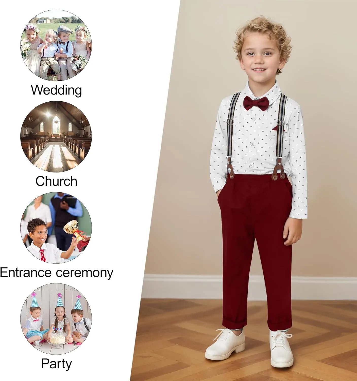 CARETOO Toddler Boy Clothes Suit Gentleman Wedding Outfits Kids Formal Dress Shirt Bowtie Long Suspender Pants Overalls 1-5T