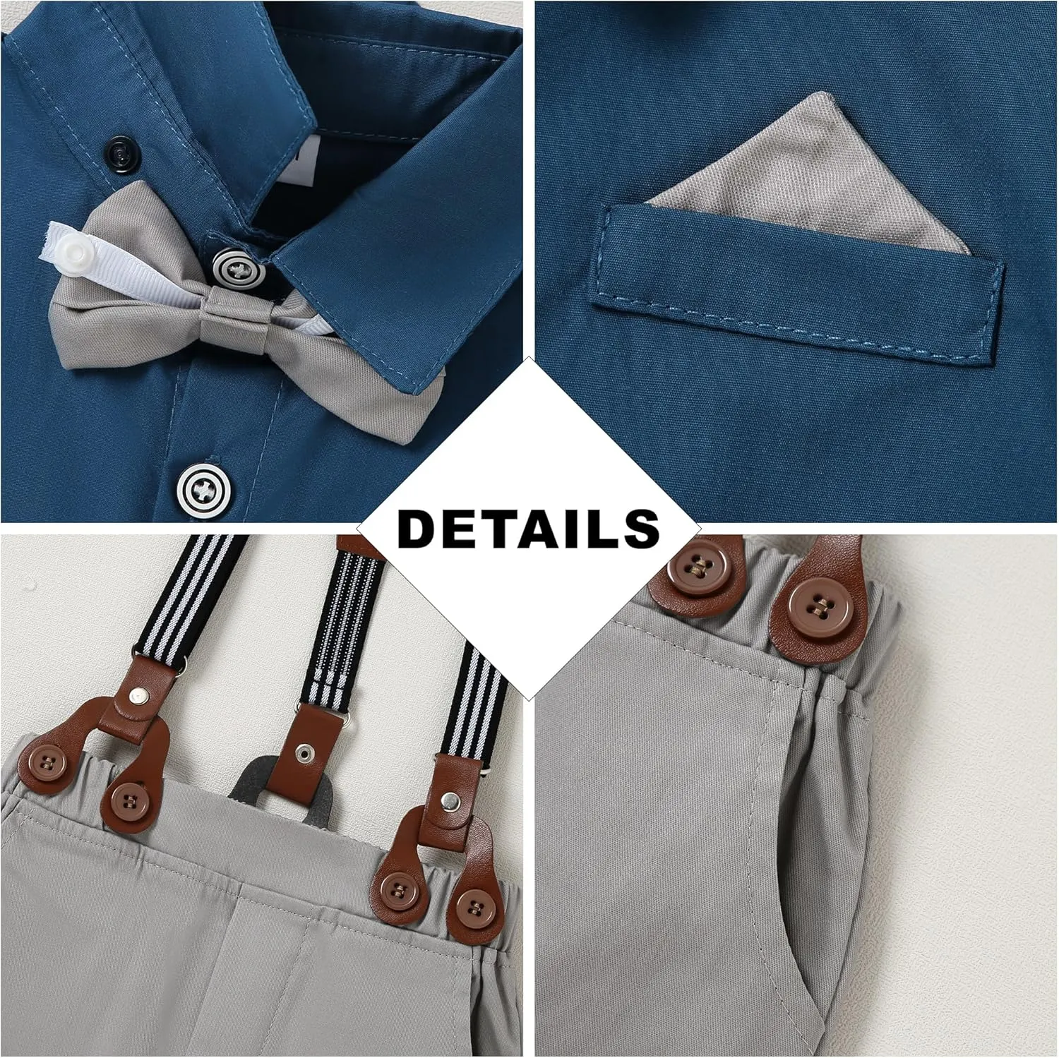 CARETOO Toddler Boy Clothes Suit Gentleman Wedding Outfits Kids Formal Dress Shirt Bowtie Long Suspender Pants Overalls 1-5T