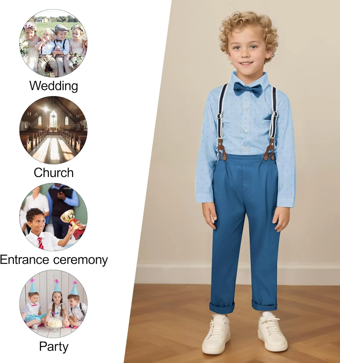 CARETOO Toddler Boy Clothes Suit Gentleman Wedding Outfits Kids Formal Dress Shirt Bowtie Long Suspender Pants Overalls 1-5T