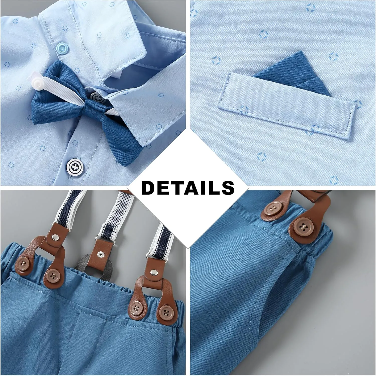 CARETOO Toddler Boy Clothes Suit Gentleman Wedding Outfits Kids Formal Dress Shirt Bowtie Long Suspender Pants Overalls 1-5T