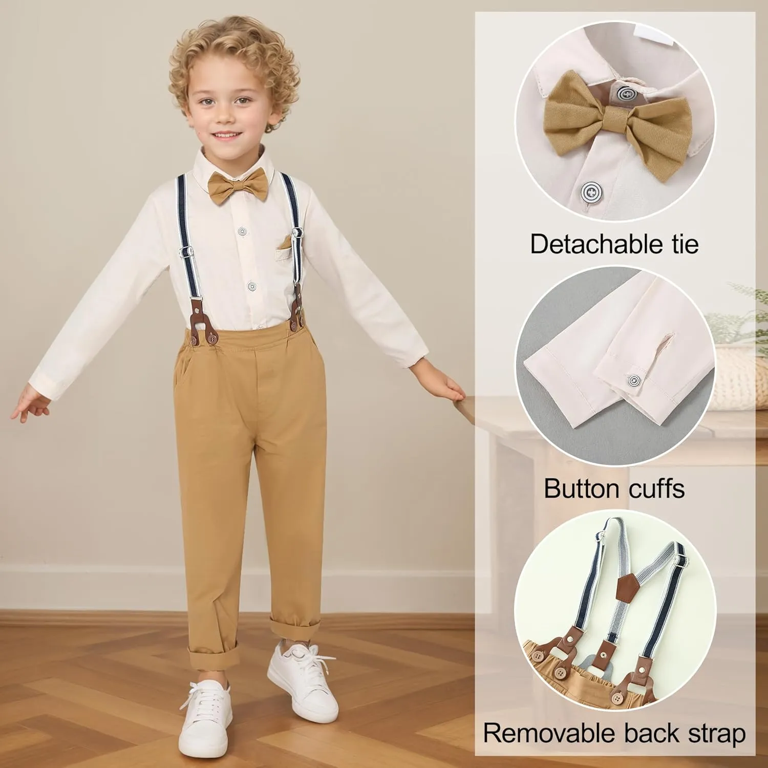 CARETOO Toddler Boy Clothes Suit Gentleman Wedding Outfits Kids Formal Dress Shirt Bowtie Long Suspender Pants Overalls 1-5T