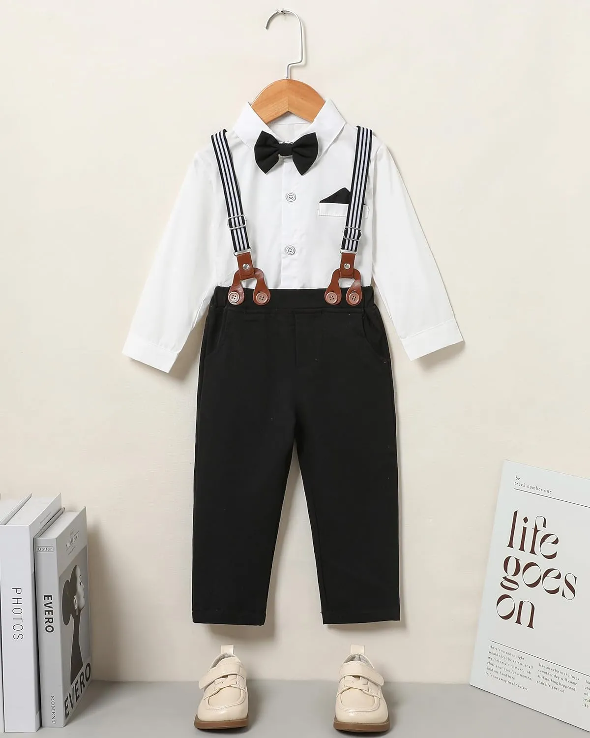 CARETOO Toddler Boy Clothes Suit Gentleman Wedding Outfits Kids Formal Dress Shirt Bowtie Long Suspender Pants Overalls 1-5T