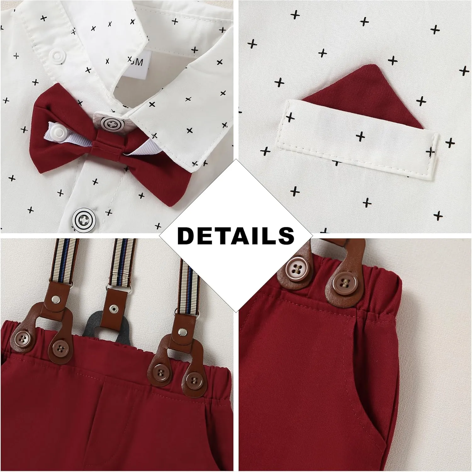CARETOO Toddler Boy Clothes Suit Gentleman Wedding Outfits Kids Formal Dress Shirt Bowtie Long Suspender Pants Overalls 1-5T