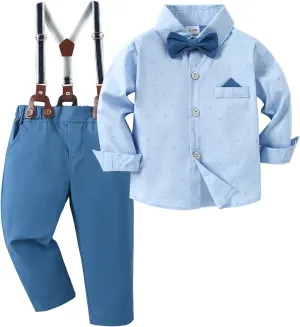 CARETOO Toddler Boy Clothes Suit Gentleman Wedding Outfits Kids Formal Dress Shirt Bowtie Long Suspender Pants Overalls 1-5T