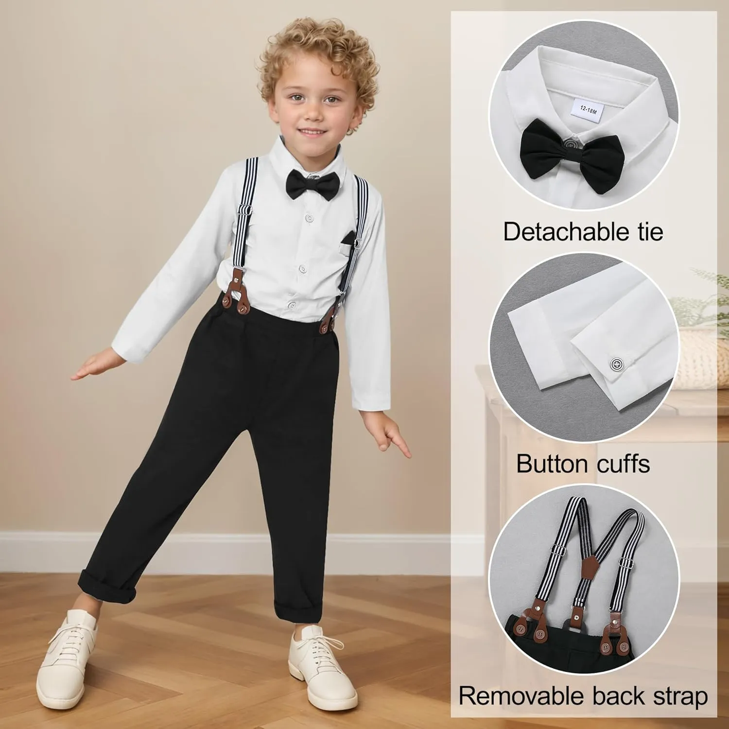 CARETOO Toddler Boy Clothes Suit Gentleman Wedding Outfits Kids Formal Dress Shirt Bowtie Long Suspender Pants Overalls 1-5T