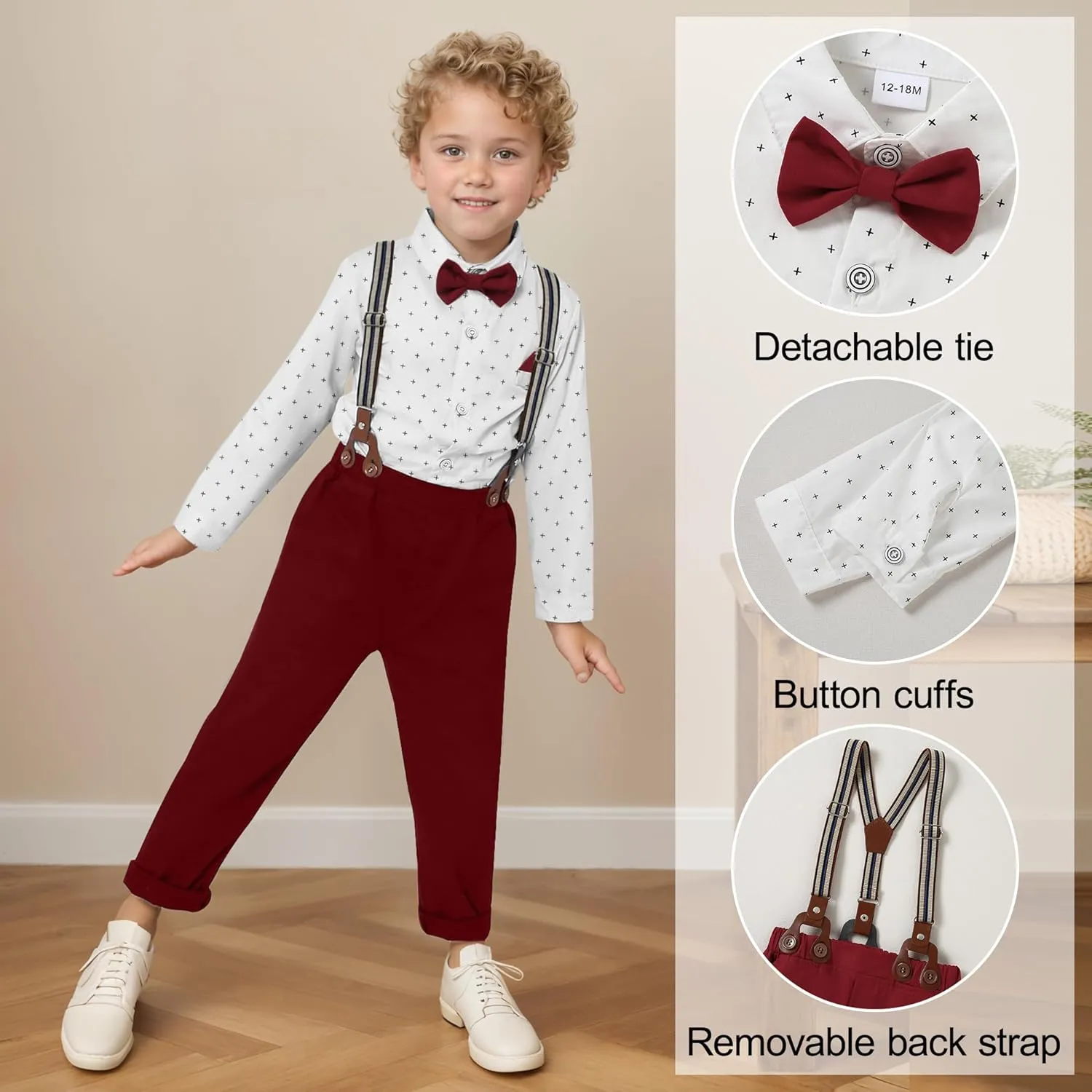 CARETOO Toddler Boy Clothes Suit Gentleman Wedding Outfits Kids Formal Dress Shirt Bowtie Long Suspender Pants Overalls 1-5T