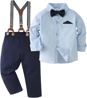 CARETOO Toddler Boy Clothes Suit Gentleman Wedding Outfits Kids Formal Dress Shirt Bowtie Long Suspender Pants Overalls 1-5T