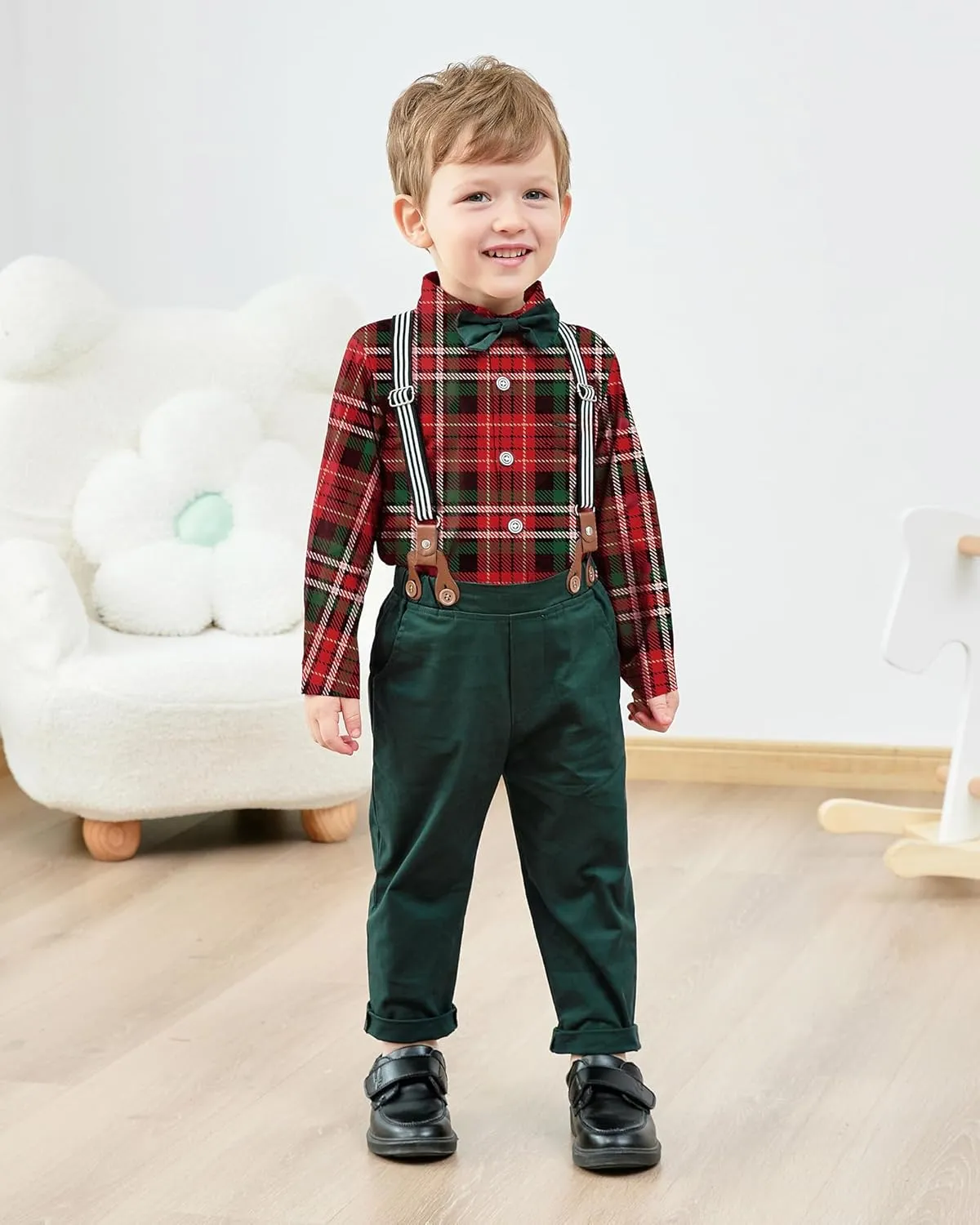 CARETOO Toddler Boy Clothes Suit Gentleman Wedding Outfits Kids Formal Dress Shirt Bowtie Long Suspender Pants Overalls 1-5T