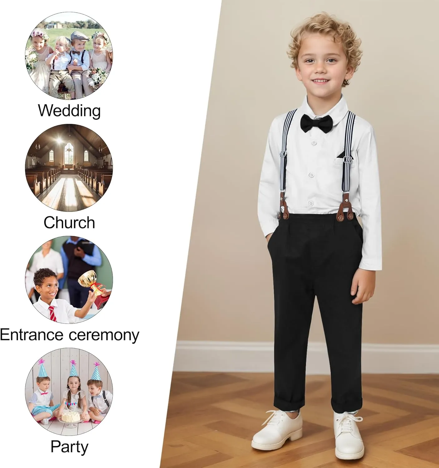 CARETOO Toddler Boy Clothes Suit Gentleman Wedding Outfits Kids Formal Dress Shirt Bowtie Long Suspender Pants Overalls 1-5T