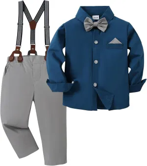 CARETOO Toddler Boy Clothes Suit Gentleman Wedding Outfits Kids Formal Dress Shirt Bowtie Long Suspender Pants Overalls 1-5T