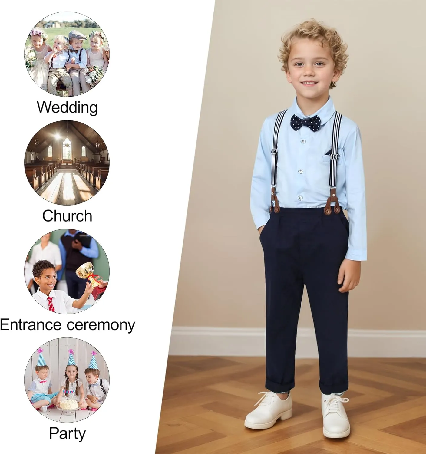 CARETOO Toddler Boy Clothes Suit Gentleman Wedding Outfits Kids Formal Dress Shirt Bowtie Long Suspender Pants Overalls 1-5T