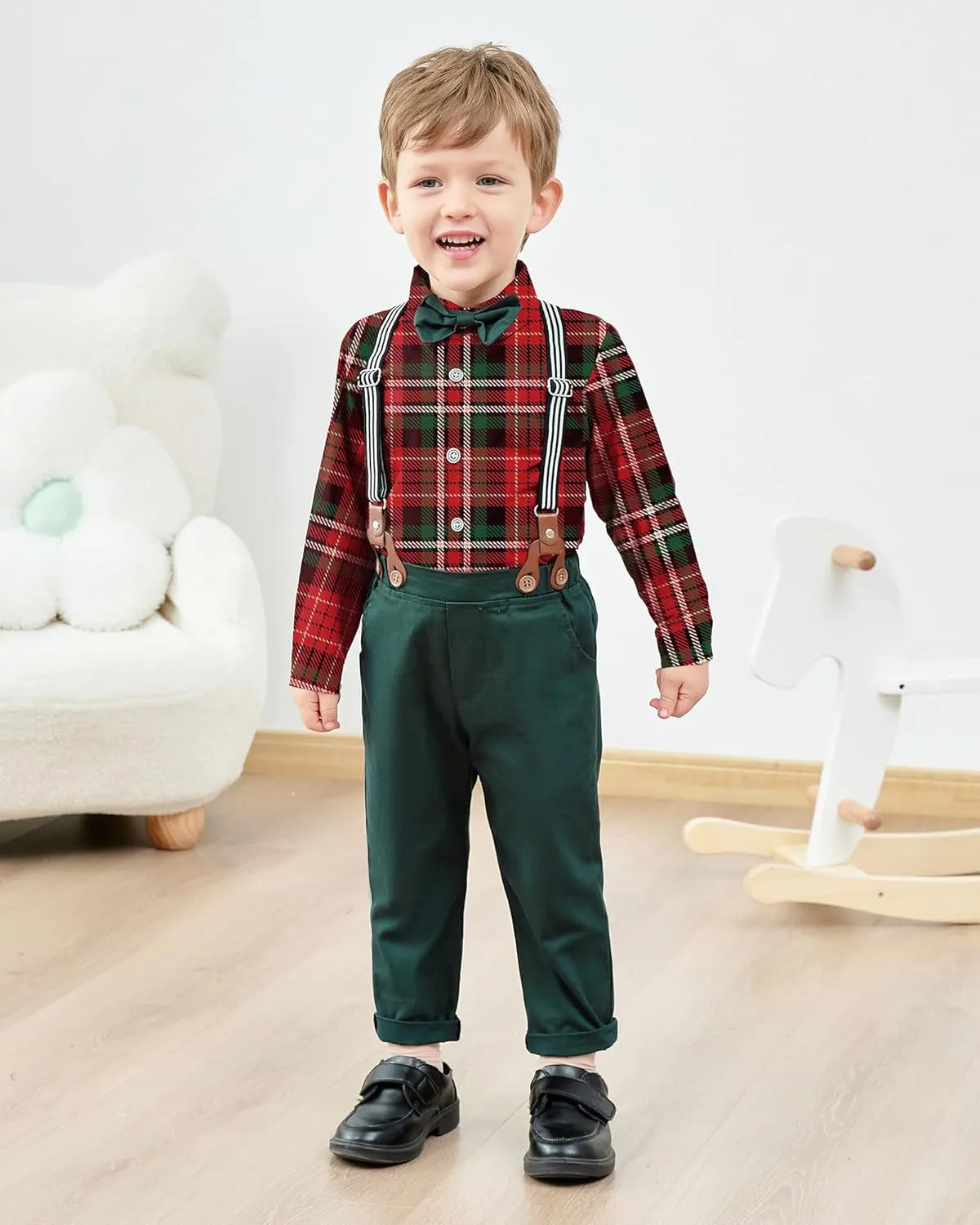 CARETOO Toddler Boy Clothes Suit Gentleman Wedding Outfits Kids Formal Dress Shirt Bowtie Long Suspender Pants Overalls 1-5T