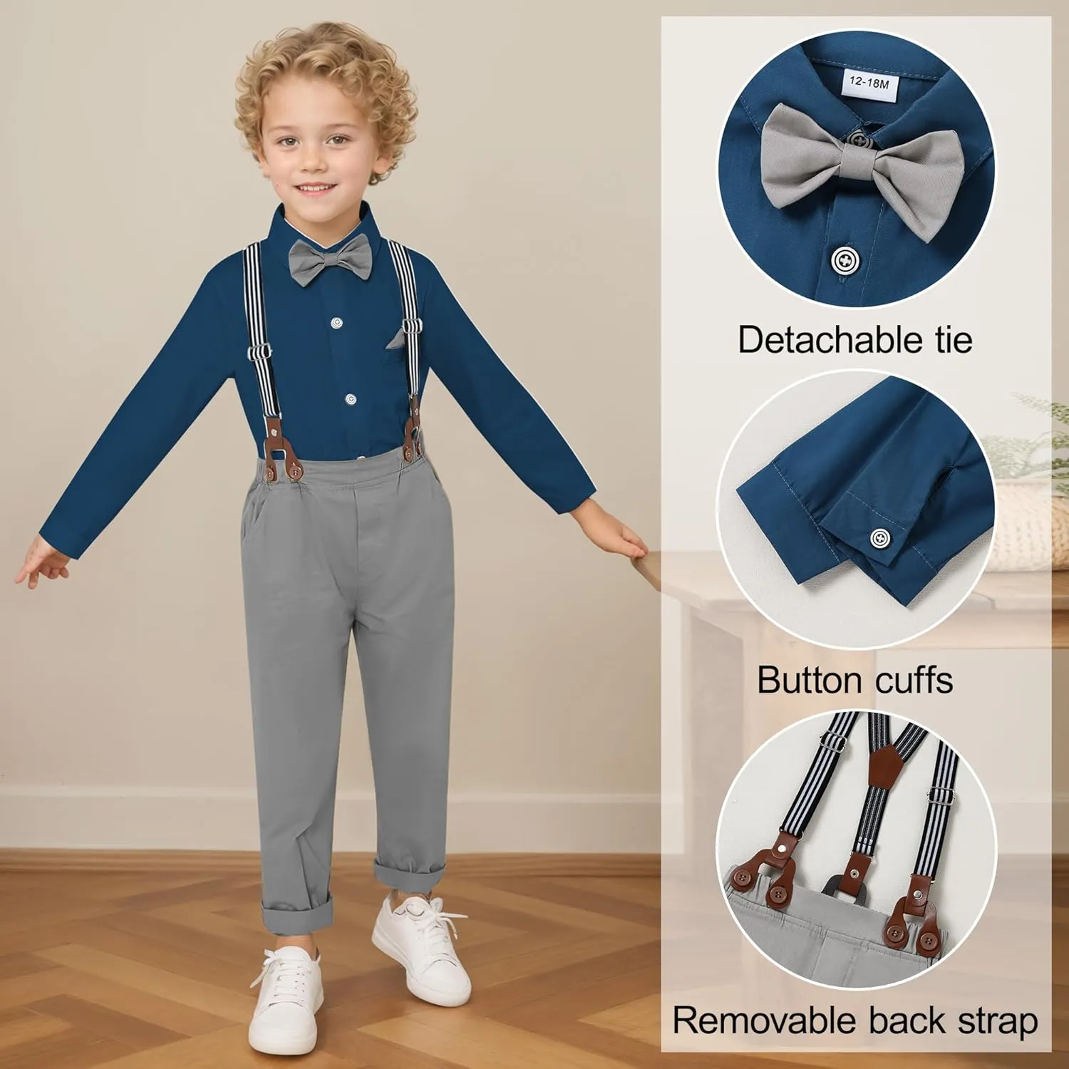 CARETOO Toddler Boy Clothes Suit Gentleman Wedding Outfits Kids Formal Dress Shirt Bowtie Long Suspender Pants Overalls 1-5T
