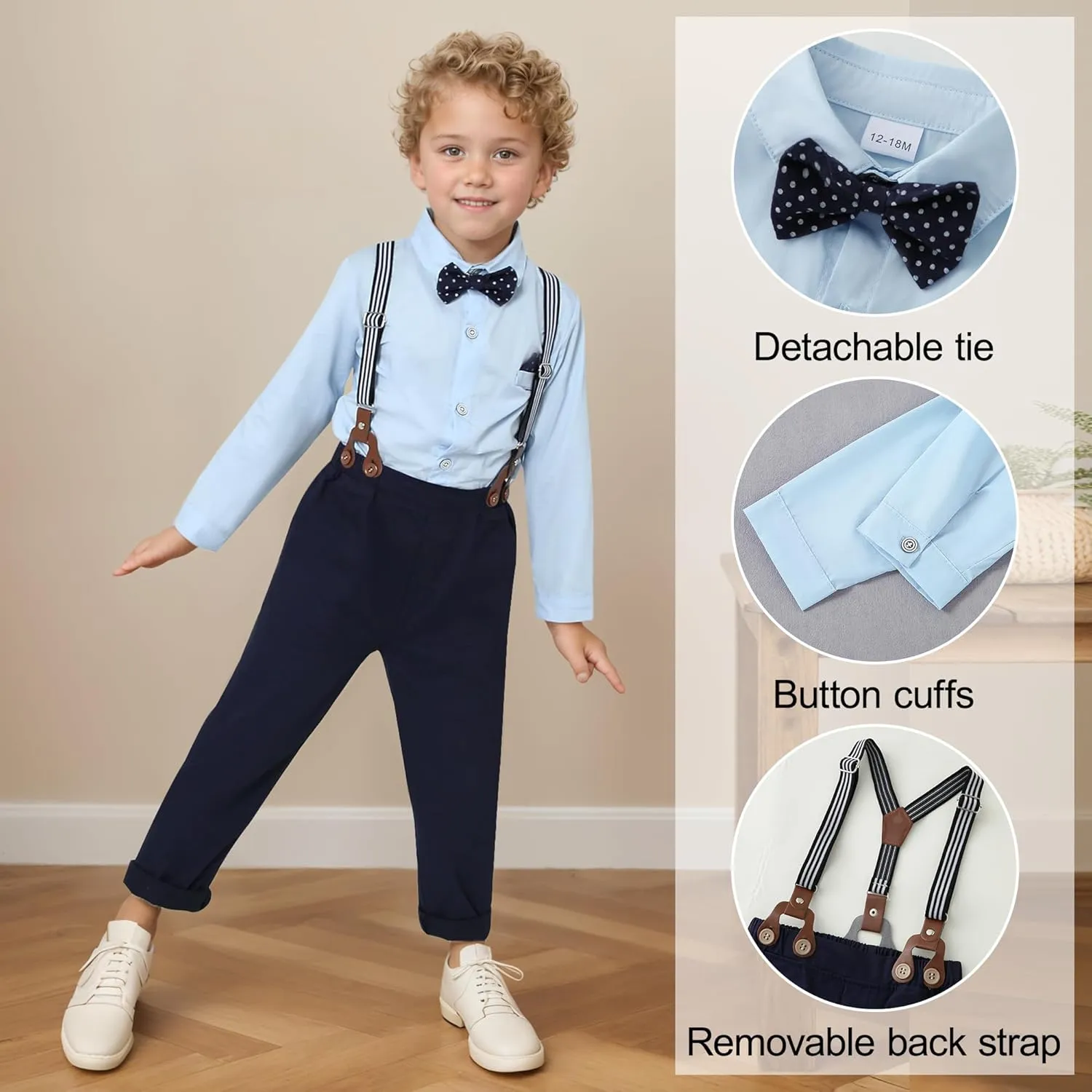 CARETOO Toddler Boy Clothes Suit Gentleman Wedding Outfits Kids Formal Dress Shirt Bowtie Long Suspender Pants Overalls 1-5T